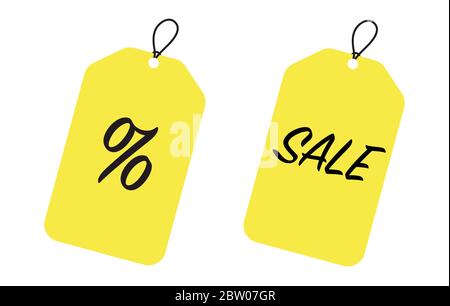 Verkauf Etiketten und Etiketten, Vorlage Shopping Etiketten. Leere, Rabatt- und Preisschilder auf gelbem Papier für Werbung. Stock Vektor