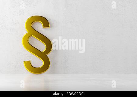 Gold Metallic Abschnitt Schild auf Beton Raum Hintergrund mit glänzenden Boden, Recht, Gerechtigkeit oder Rechtskonzept mit Kopierraum, 3D-Illustration Stockfoto