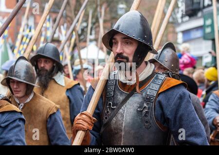 Reenactors bei der Schlacht von Nantwich am Heiligen Heiligen Tag Stockfoto