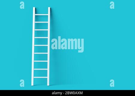 Einzelne weiße Leiter lehnt gegen pastellblaue Wand minimale Karriere, Chance oder Ziel Konzept, 3D-Illustration Stockfoto