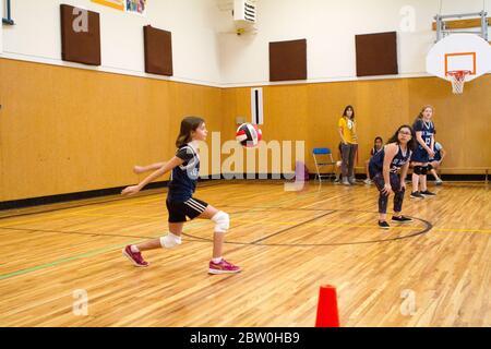 Mädchen Volleyball, 8 bis 10 Jahre alt, servieren. Stockfoto