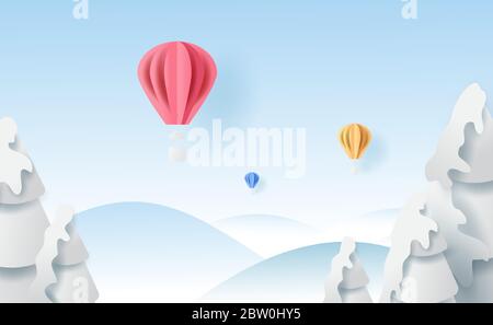 3D Landschaft Luftballons fliegen Luft auf Urlaub blauen Himmel Hintergrund mit Winter Schneeflocken Saison Wald.Creative minimal Papier geschnitten und Handwerk style.Christmas Stock Vektor