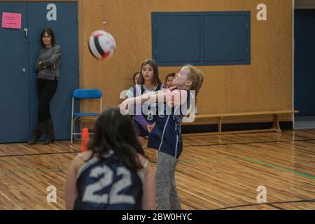 Mädchen Volleyball, 8 bis 10 Jahre alt, servieren. Stockfoto