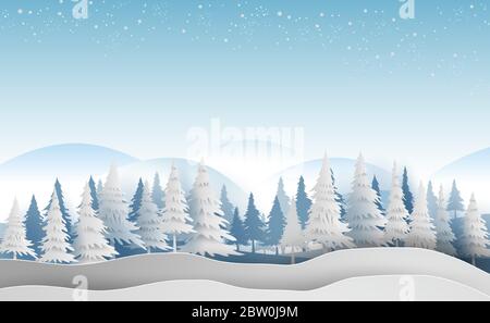Landschaft Frohe Weihnachten und Neujahr auf Urlaub Landschaft mit Wald Winter Schneeflocken Saison Landschaft.Kreatives Design Papier Kunst und Stil für geschnitten Stock Vektor