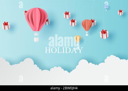 Landschaft von Ballons bunte fliegen und Mobile hängende Geschenkbox mit Wolke auf blauen Himmel.Urlaub und Festival Saison Konzept.Kreative Papier geschnitten und Handwerk Stock Vektor