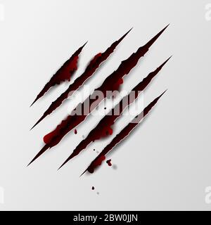 Illustration von Krallen Kratzer mit rotem Blut auf weißem Hintergrund isoliert. Kreative Papier Handwerk und schneiden.Scary Schnitzelgefahr Papier Oberfläche Krallen Stock Vektor