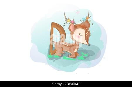 Niedliche Hirsch Alphabet Aquarell Malerei.Kreative einfache Tierwelt Tier Hand gezeichnet style.Graphic Cartoon Kind Wallpaper.Charakter Kinder lieben Natur.Che Stock Vektor