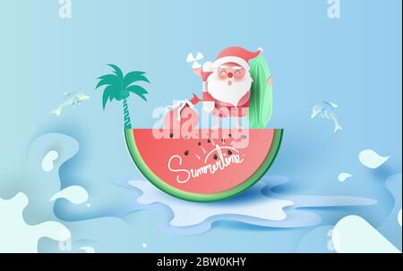 Sommer Weihnachten Sale Banner mit Wassermelone.Sonderangebot Kreative Papier geschnitten und Handwerk für Karte und Poster.Santa Claus Lächeln trägt Strand Anzug Trave Stock Vektor