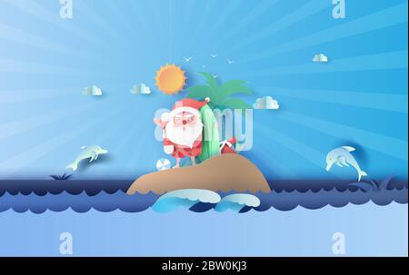 Santa Claus Lächeln tragen Strandanzug Reise Schwimmen Dekoration der Insel Seenlandschaft Blick. Delfin springen Tierwelt am Himmel wunderschön.Sommer Christma Stock Vektor