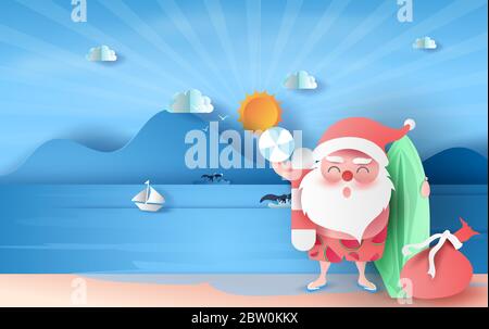 Santa Claus Lächeln Tragen Strandanzug auf Meerblick Sonnenlicht blauen Himmel.Sommer Weihnachten Zeit Saison Konzept.Reisen Boot im Meer schwimmen.Grafik Meer Stock Vektor