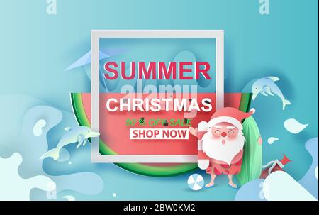 Sommer Weihnachten Sale Banner mit Wassermelone.Sonderangebot Kreative Papier geschnitten und Handwerk für Karte und Poster.Santa Claus Lächeln trägt Strand Anzug Trave Stock Vektor
