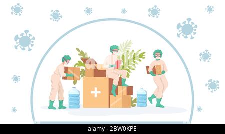 Medizinische Mitarbeiter in Schutzanzügen, Brillen und Masken nehmen humanitäre Hilfe während Coronavirus Ausbruch Vektor flach Cartoon Illustration. Medizinische Spende, Unterstützung und materielle Hilfe Konzept. Stock Vektor