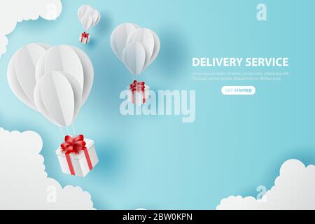 Urlaub von Ballons Geschenk fliegen auf Luft blauen Himmel.Lieferung Service Konzept.Kreative Karte Welt Standort Netzwerk Papier geschnitten und Handwerk.Grafik Online-Transport Stock Vektor