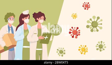 Medizinische Mitarbeiter in Schutzmasken und Uniform gegen Coronavirus Zellen flach Cartoon Illustration. Ärzte oder Krankenschwestern gegen Ausbruch von Coronavirus Vektor-Banner Design. Stop covid-19 Concept. Stock Vektor