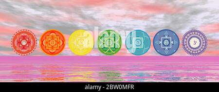 Sieben Chakra-Symbole auf der Horizontlinie - 3D-Rendern Stockfoto