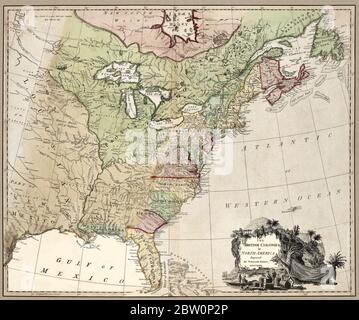 'Die britischen Kolonien in Nordamerika.' Karte zeigt wichtige Wahrzeichen des nordamerikanischen Kontinents etwa zur Zeit der Amerikanischen Revolution. Die Briten hatten 15 Kolonien zu ungefähr dieser Zeit in Nordamerika --nicht 13. Beachten Sie, dass die 14. Und 15. Britischen nordamerikanischen Kolonien enthalten sind: West Florida und Ost-Florida. Die Kolonien von Neuengland sind unter dem Namen Neuengland zusammengefügt. Karte auch Hinweise indischen Gebieten. Dies ist eine wunderschön detaillierte historische Kartenwiedergabe. Original aus einem britischen Atlas des berühmten Kartographen William Faden wurde um 1777 erstellt. Stockfoto