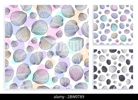 Nahtloses Satzes. Vektor Illustration von handgezeichneten Muscheln im Doodle-Stil. Stranddesign. Stock Vektor