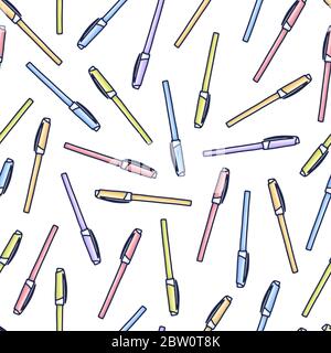 Bunte Stifte Muster im Cartoon-Stil. Nahtlose Textur mit Stiften. Vektorelemente Doodle. Zurück zur Schule. Handgezeichnete Skizze. Stock Vektor