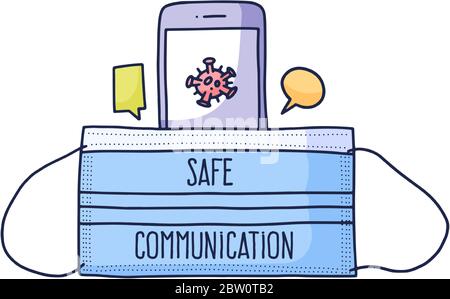 Coronavirus Prävention im Doodle-Stil. Vektor handgezeichnete Illustration von Gesichtsmaske und Telefon, um Abstand zu halten und per Telefon zu kommunizieren. Stock Vektor