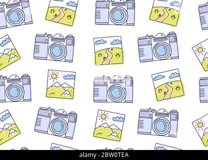 Nahtlose Muster mit Kameras und Fotos. Handgezeichnete Doodle Vintage Fotokamera, Skizze. Stock Vektor