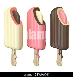 Drei verschiedene Eiscreme auf Holzstäbchen 3D Render Illustration isoliert auf weißem Hintergrund Stockfoto