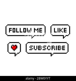 Pixel Art 8-Bit Retro-Spiel Stil Sprechblasen mit Text gesetzt. Folgen Sie mir, wie, Herz, abonnieren - isolierte Vektor-Illustration Stock Vektor