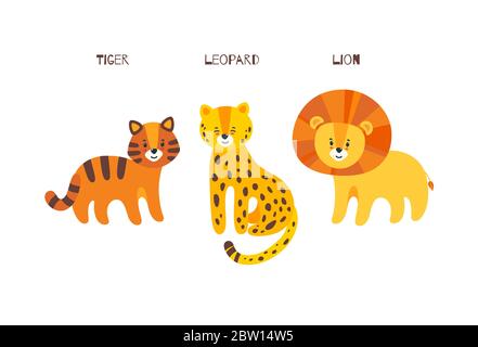 Big Cats Trio. Leopard, Tiger und Löwe in einer Vektorgrafik. Porträt der großen Katzen Familie Stock Vektor