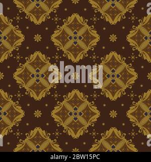 Moderne Blumenmotive Kunstwerke auf Kawung Batik-Design mit einfachen goldbraunen Farbdesign Stock Vektor