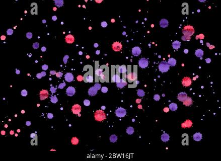Bunte abstrakte Aquarell-Textur mit Spritzern und Spritzern. Rote und lila Farbe Tropfen Fleck isoliert auf schwarzem Hintergrund. Design-Element Grunge. Stockfoto