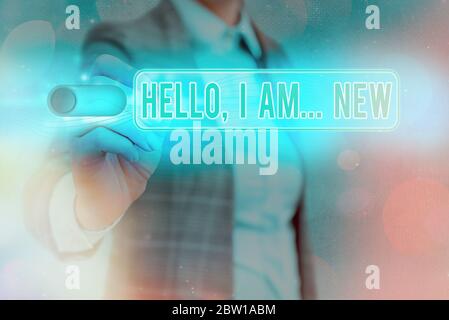 Schreiben Hinweis angezeigt Hallo ich bin neu. Business Konzept für Grußansagen oder Telefon Gespräch beginnen Stockfoto