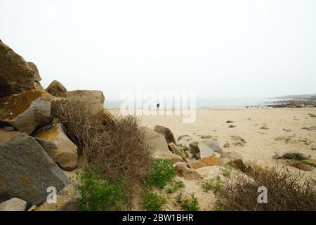 Morro Bay, Kalifornien/USA - 27. Mai 2020 Sandstrand und Silhouette von Menschen, die an der Küste entlang spazieren Stockfoto