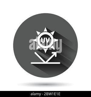 Symbol für UV-Strahlung in flacher Ausführung. Ultraviolett Vektor-Illustration auf schwarzem runden Hintergrund mit langen Schatten-Effekt. Sonnenschutz Kreis Knopf Bus Stock Vektor
