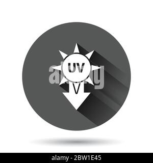 Symbol für UV-Strahlung in flacher Ausführung. Ultraviolett Vektor-Illustration auf schwarzem runden Hintergrund mit langen Schatten-Effekt. Sonnenschutz Kreis Knopf Bus Stock Vektor