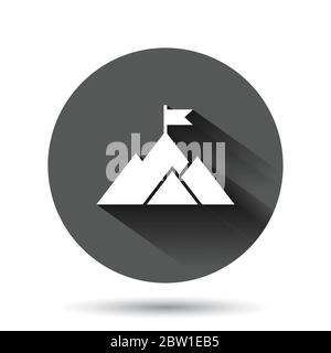 Mission Champion Icon im flachen Stil. Berg Vektor-Illustration auf schwarzem runden Hintergrund mit langen Schatten-Effekt. Führungskreis Button Business Stock Vektor