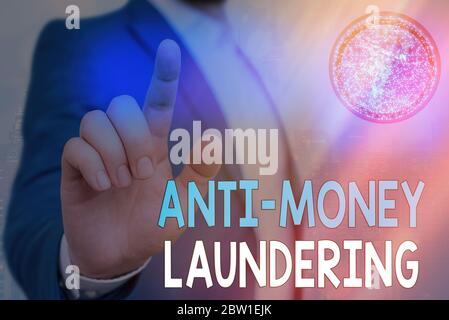 Hinweis zur Bekämpfung der Geldwäsche. Geschäftskonzept für Vorschriften hört auf, durch illegale Handlungen Einnahmen zu erzielen, Elemente dieses Bildfells Stockfoto