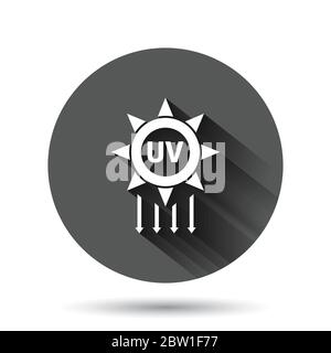 Symbol für UV-Strahlung in flacher Ausführung. Ultraviolett Vektor-Illustration auf schwarzem runden Hintergrund mit langen Schatten-Effekt. Sonnenschutz Kreis Knopf Bus Stock Vektor