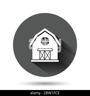 Barn Icon im flachen Stil. Bauernhof Haus Vektor-Illustration auf schwarzem runden Hintergrund mit langen Schatten-Effekt. Landwirtschaft Lagerhaus Kreis Knopf Busine Stock Vektor