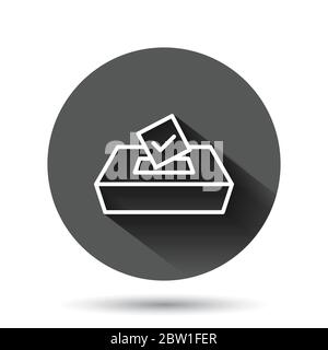 Vote-Symbol im flachen Stil. Votot-Box Vektor-Illustration auf schwarzem runden Hintergrund mit langem Schatten-Effekt. Geschäftskonzept Wahlkreis-Taste. Stock Vektor