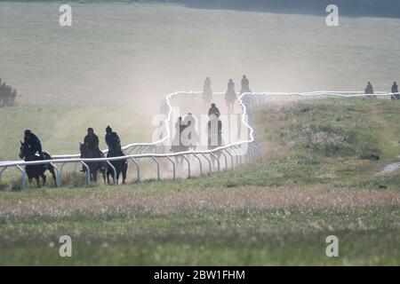 Beckhampton Stables, in der Nähe von Marlborough, Wiltshire, Großbritannien. Mai 2020. Nebel und nebeliges Sonnenlicht begrüßen die morgendliche Trainingseinheit für Jockeys und r Stockfoto