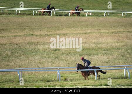 Beckhampton Stables, in der Nähe von Marlborough, Wiltshire, Großbritannien. Mai 2020. Nebel und nebeliges Sonnenlicht begrüßen die morgendliche Trainingseinheit für Jockeys und r Stockfoto