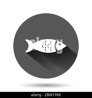 Fisch-Ikone im flachen Stil. Meeresfrüchte Vektor-Illustration auf schwarzem runden Hintergrund mit langen Schatten-Effekt. Sea Animal Circle Button Business Concept. Stock Vektor
