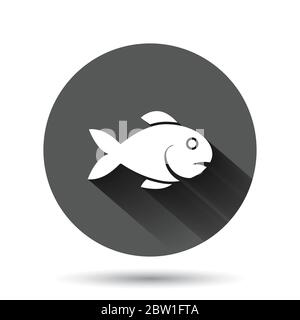 Fisch-Ikone im flachen Stil. Meeresfrüchte Vektor-Illustration auf schwarzem runden Hintergrund mit langen Schatten-Effekt. Sea Animal Circle Button Business Concept. Stock Vektor