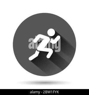 Run People Icon im flachen Stil. Sprung Vektor-Illustration auf schwarzem runden Hintergrund mit langen Schatten-Effekt. Geschäftskonzept Fitness Circle Button. Stock Vektor