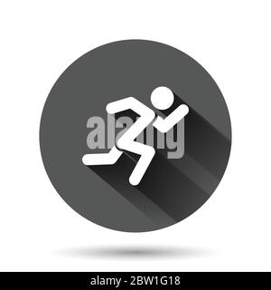 Run People Icon im flachen Stil. Sprung Vektor-Illustration auf schwarzem runden Hintergrund mit langen Schatten-Effekt. Geschäftskonzept Fitness Circle Button. Stock Vektor