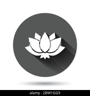 Lotus Icon im flachen Stil. Blumenblatt Vektor-Illustration auf schwarzem runden Hintergrund mit langen Schatten-Effekt. Blossom plant Circle Button Business Konz Stock Vektor
