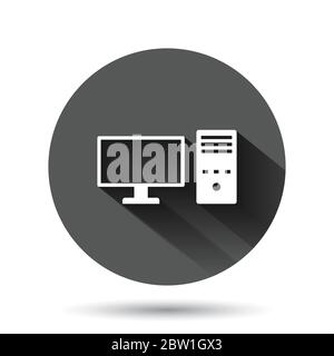 PC-Computer-Symbol in flacher Ausführung. Desktop-Vektor-Illustration auf schwarzem runden Hintergrund mit langen Schatten-Effekt. Geräteüberwachung Kreis Taste Business c Stock Vektor