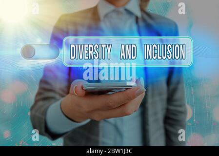 Textschild mit Diversität und Einbeziehung. Geschäftsfoto mit unterschiedlichen Sortiments umfasst Geschlecht der ethnischen Herkunft Stockfoto