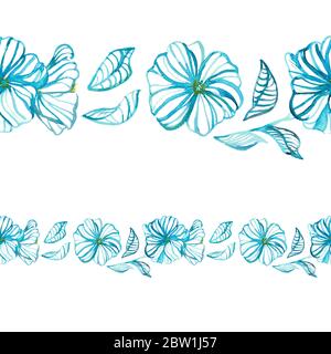 Florales Aquarell Nahtloses Muster. Moderne handgezeichnete blaue Gänseblümchen und Blätter in Aquarelllinien und Silhouetten. Design für Hintergründe, Abdeckungen, Karten Stockfoto