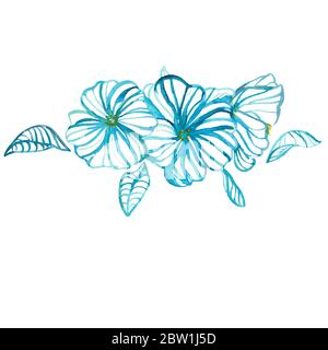 Florales Aquarell Nahtloses Muster. Moderne handgezeichnete blaue Gänseblümchen und Blätter in Aquarelllinien und Silhouetten. Design für Hintergründe, Abdeckungen, Karten Stockfoto