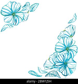 Florales Aquarell Nahtloses Muster. Moderne handgezeichnete blaue Gänseblümchen und Blätter in Aquarelllinien und Silhouetten. Design für Hintergründe, Abdeckungen, Karten Stockfoto